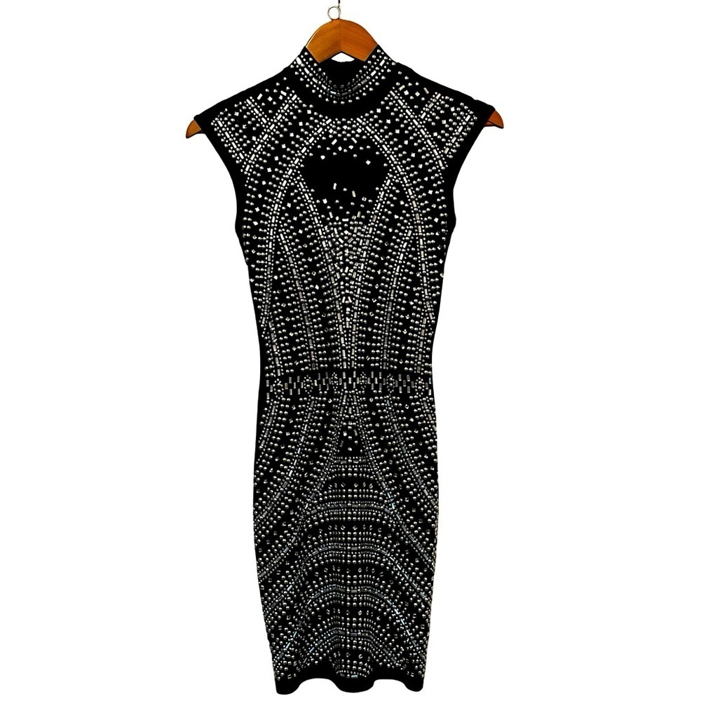 NWOT BANJUL Rhinestone & Silver Studded BODYCON DRESS Semi-Sheer Black Size S.